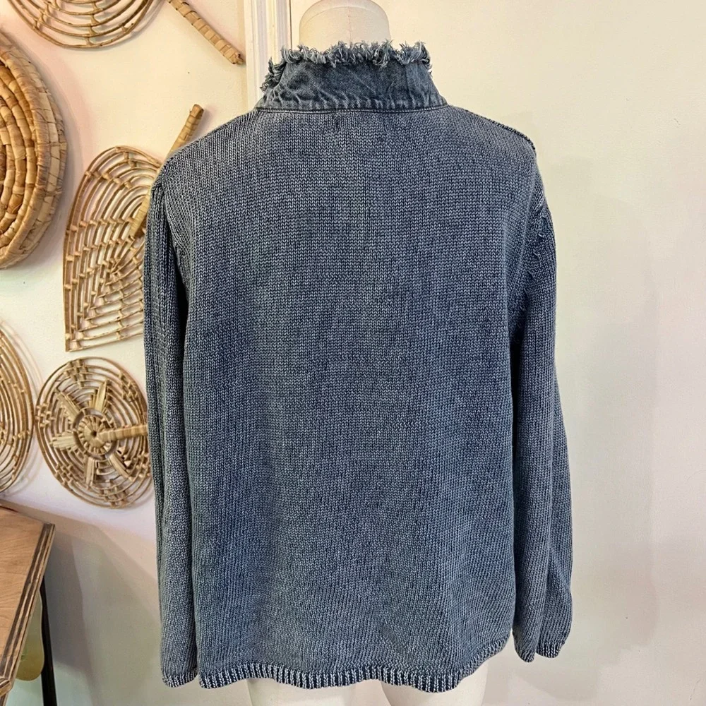 Vintage PBJ Blues Blue Cotton Ramie Denim Trim Cardigan Sweater Boho XL